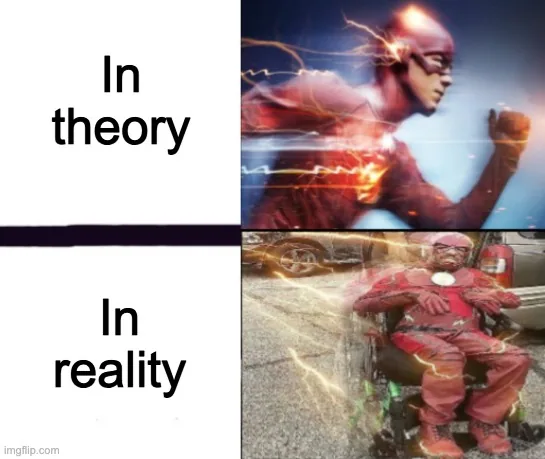 The Flash sprinting, captioned 'In theory', above the Flash in a wheelchair, captioned 'In reality'